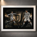 Cristiano Ronaldo Siuuu soccer wall art in a white frame with Juventus-inspired artwork on a textured wall