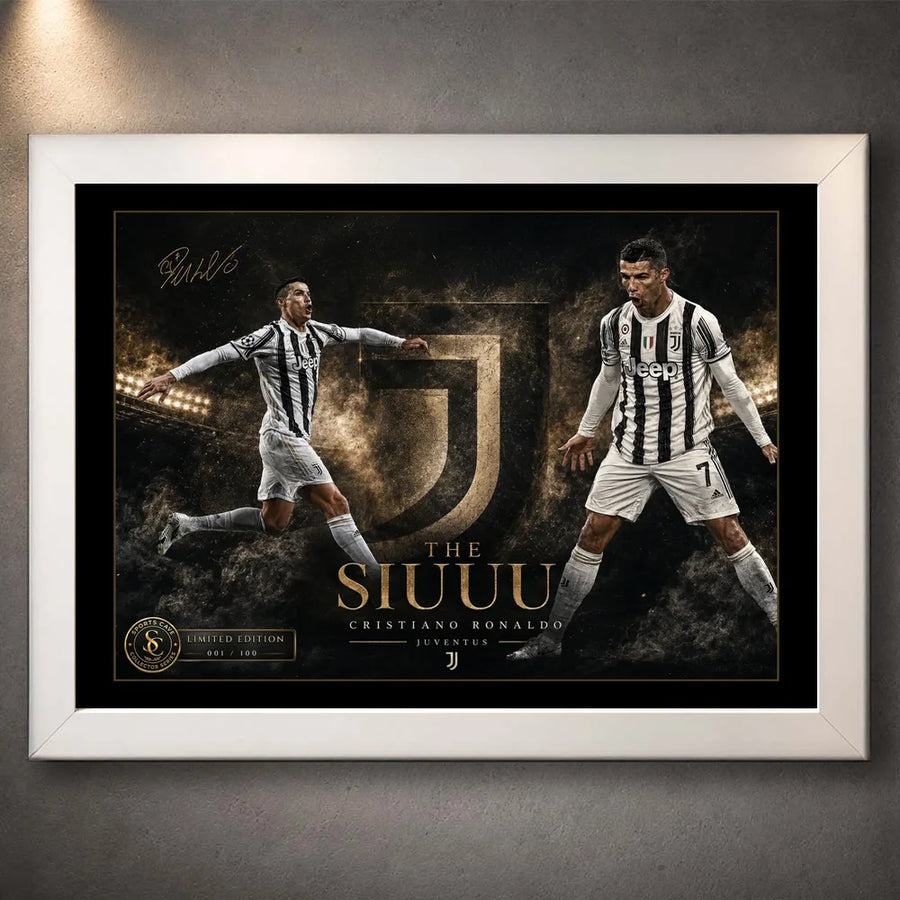 Cristiano Ronaldo Siuuu soccer wall art in a white frame with Juventus-inspired artwork on a textured wall