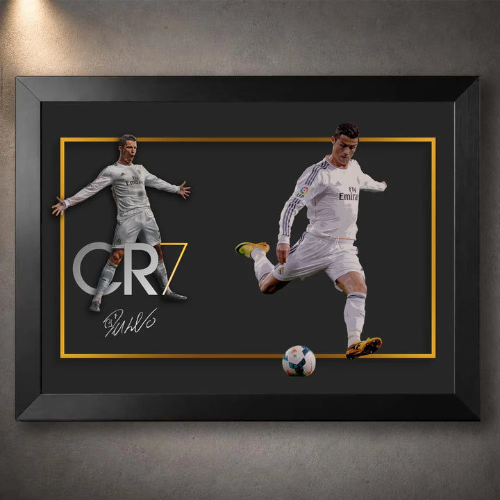 Cristiano Ronaldo soccer wall art in a black frame, showing the CR7 collector artwork on a dark wall.