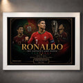 Cristiano Ronaldo Portugal limited edition soccer wall art in a premium white frame featuring dramatic red and black tones, trophy celebration scenes, and luxury collector-style typography.