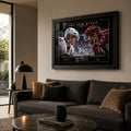 Black-framed Sidney Crosby and Alex Ovechkin hockey wall art displayed above a dark sofa in a modern living room.