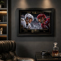 Black-framed Sidney Crosby and Alex Ovechkin rivalry artwork displayed in a dark premium man cave with spotlights.