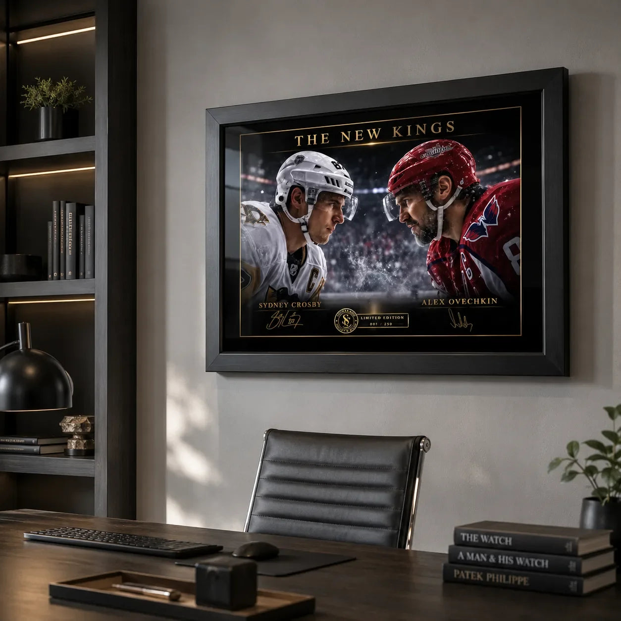 Black-framed Sidney Crosby and Alex Ovechkin hockey artwork displayed above a desk in a modern executive office.