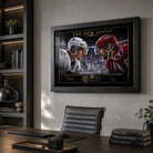 Black-framed Sidney Crosby and Alex Ovechkin hockey artwork displayed above a desk in a modern executive office.