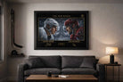Crosby and Ovechkin framed artwork displayed in modern man cave setting, bold NHL rivalry as man cave wall décor