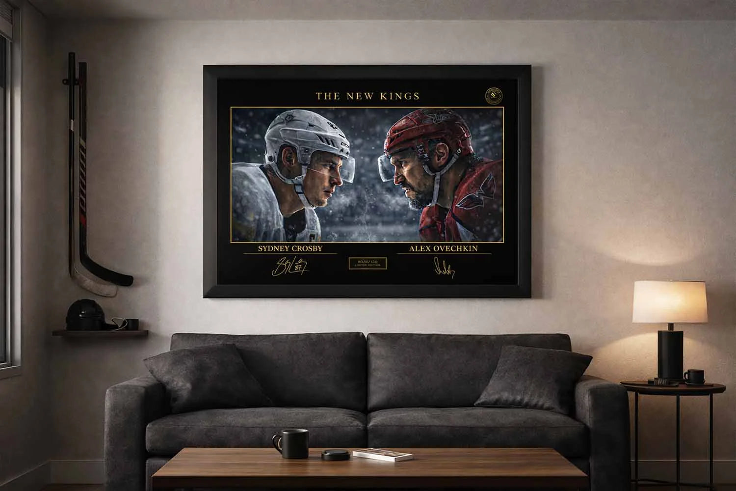 Crosby and Ovechkin framed artwork displayed in modern man cave setting, bold NHL rivalry as man cave wall décor