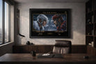 Sydney Crosby vs Alex Ovechkin wall art in executive office setup, premium NHL rivalry piece as framed sports memorabilia