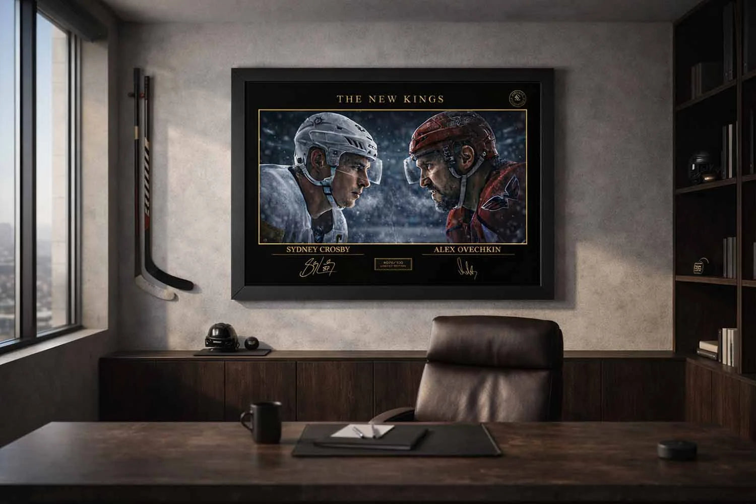 Sydney Crosby vs Alex Ovechkin wall art in executive office setup, premium NHL rivalry piece as framed sports memorabilia