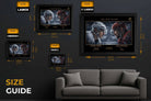 Size guide for Crosby vs Ovechkin framed hockey wall art showing A1 to A4 dimensions for premium sports collectibles