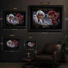 Size guide for Sidney Crosby and Alex Ovechkin framed hockey wall art, showing S, M, L and XL dimensions.