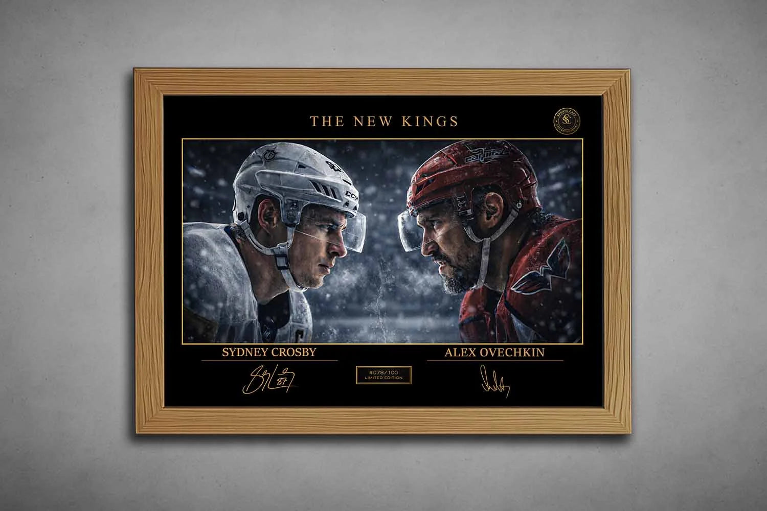 Sydney Crosby and Alex Ovechkin rivalry artwork in oak frame, dramatic NHL clash displayed as framed sports art