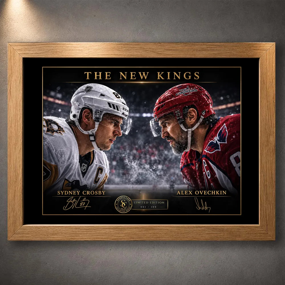 Sidney Crosby and Alex Ovechkin face-off artwork in an oak frame, shown as premium limited edition hockey wall art.