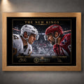 Sidney Crosby and Alex Ovechkin face-off artwork in an oak frame, shown as premium limited edition hockey wall art.