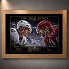Sidney Crosby and Alex Ovechkin face-off artwork in an oak frame, shown as premium limited edition hockey wall art.