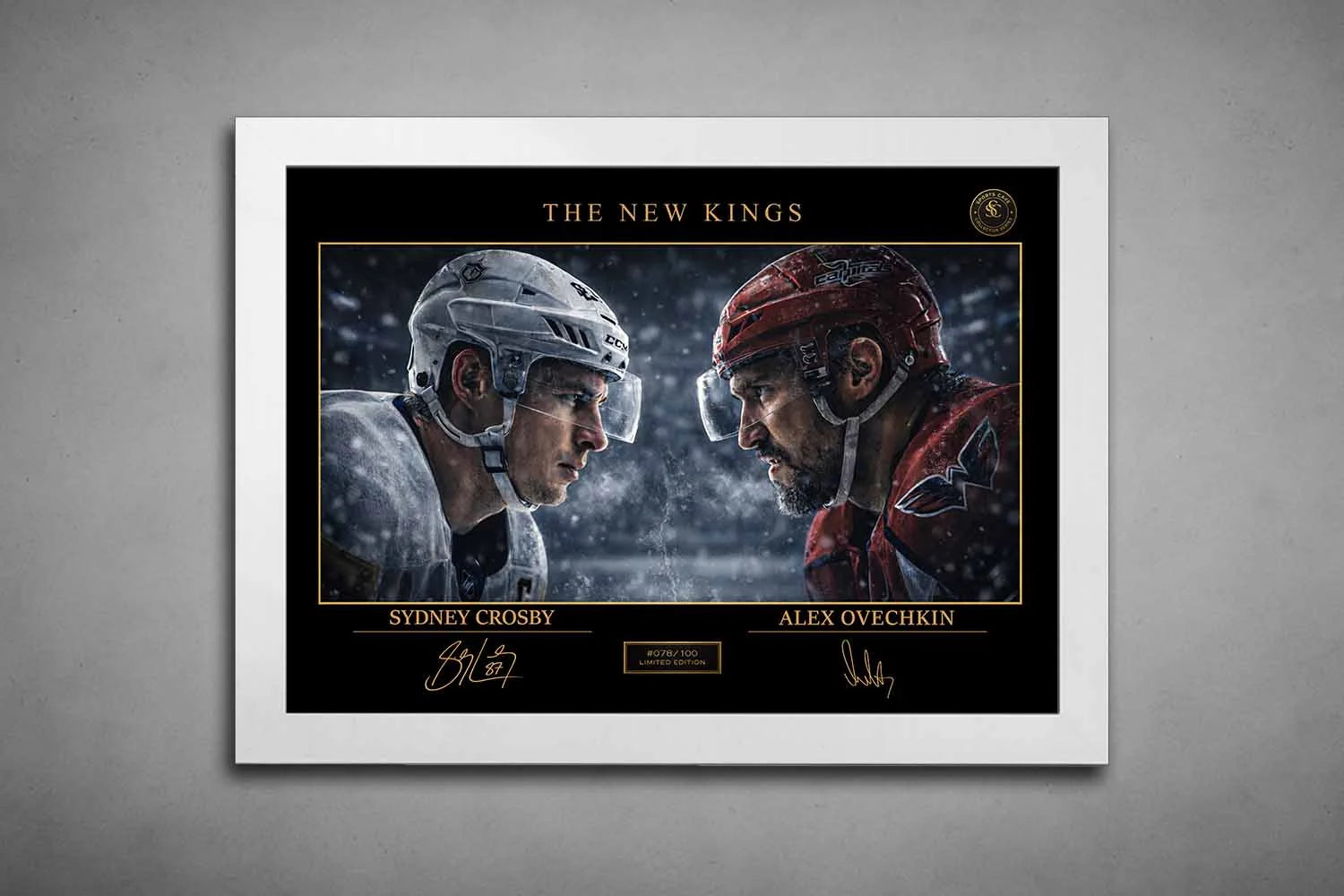 Crosby vs Ovechkin NHL face-off scene in white frame, powerful rivalry moment presented as sports wall art