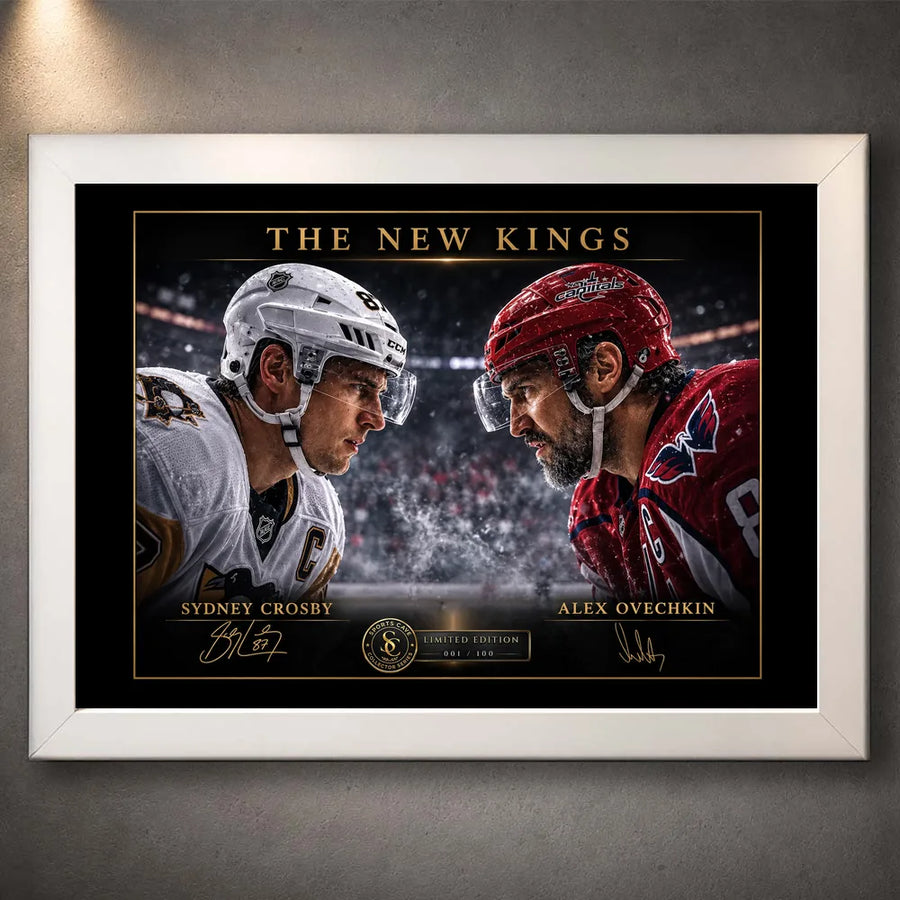 Sidney Crosby and Alex Ovechkin face-off artwork in a white frame, presented as premium hockey wall art.
