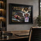 Casey Stoner wall art styled in a modern office, showing the black framed Crowned at Home motorsport tribute.