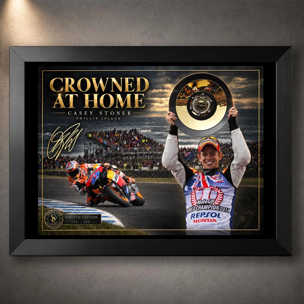 Black framed Casey Stoner wall art featuring the Crowned at Home Phillip Island MotoGP tribute.