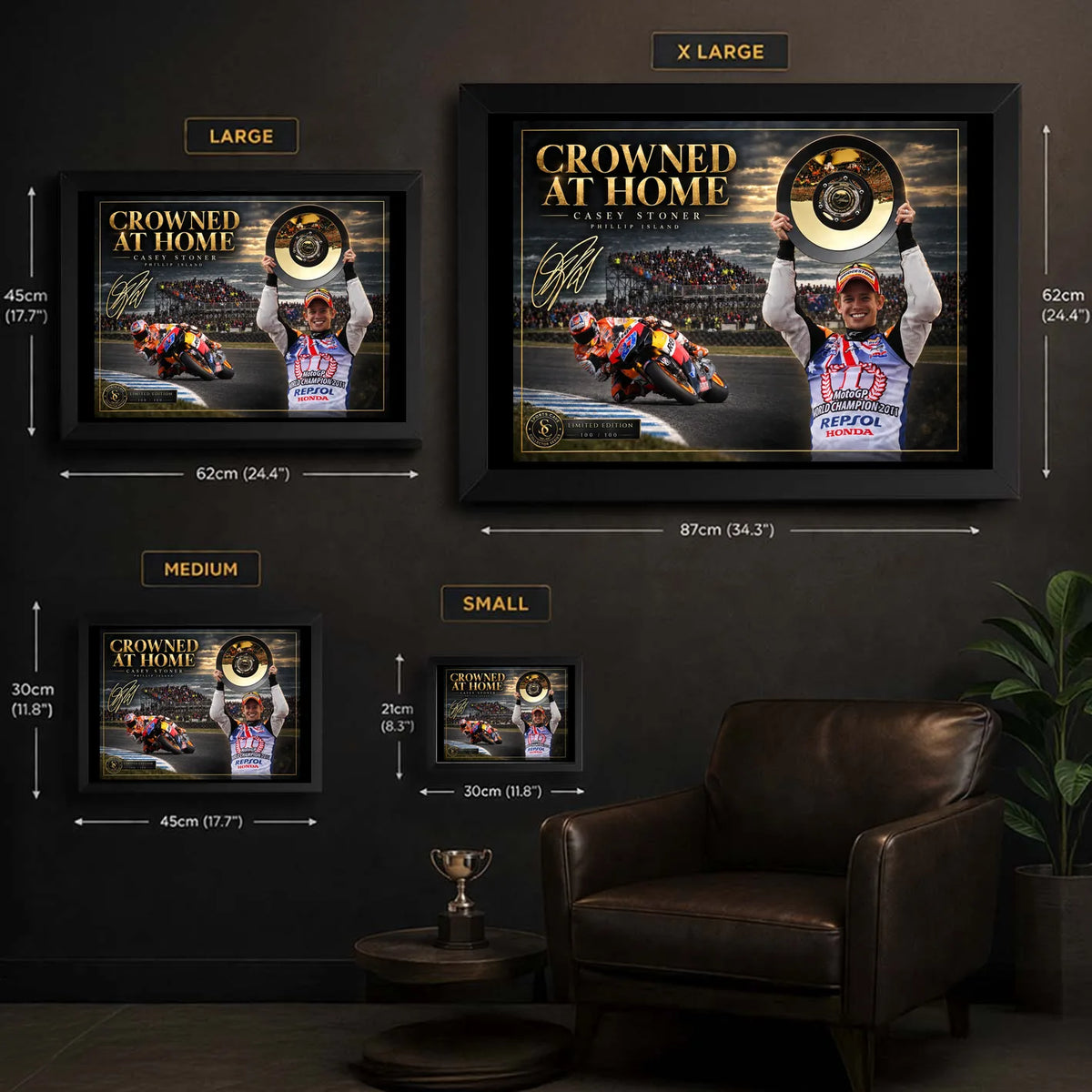 Casey Stoner wall art size guide showing available framed and unframed dimensions from Small to XL.