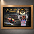 Oak framed Casey Stoner wall art featuring the Crowned at Home Phillip Island motorsport design.