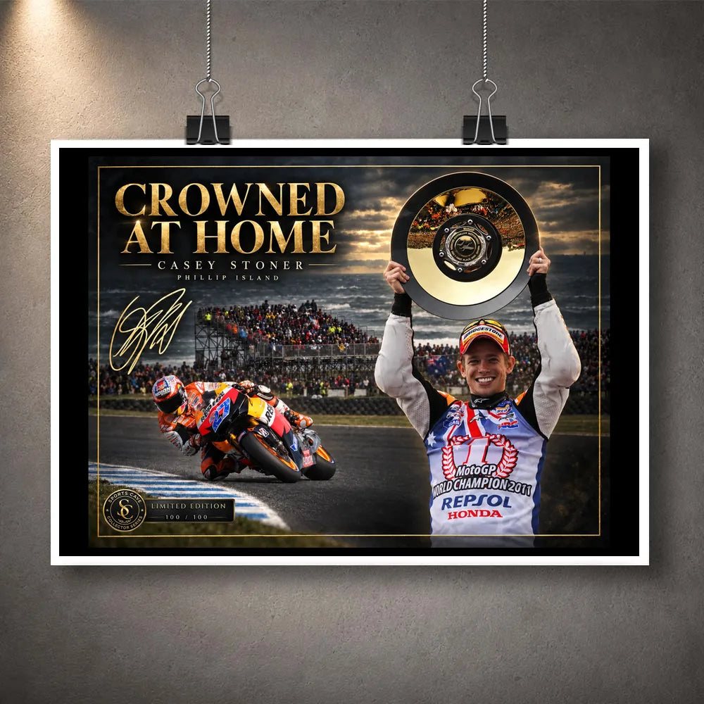 Unframed Casey Stoner wall art design featuring the Crowned at Home Phillip Island MotoGP tribute.