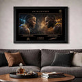 Curry vs LeBron framed piece displayed above a modern sofa, refined man cave wall décor with warm tones and collector appeal.