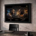 Stephen Curry and LeBron James artwork in a luxury office setting, framed sports art built for a clean executive space.