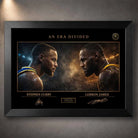 Stephen Curry vs LeBron James rivalry artwork in a sleek black frame, premium sports wall art capturing an era-defining clash.