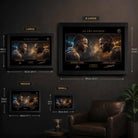Curry vs LeBron NBA artwork size guide showing multiple frame dimensions, perfect limited edition sports prints for any room.