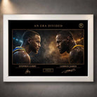 Curry vs LeBron artwork in a crisp white frame, clean sports wall art that highlights contrast and championship rivalry.

