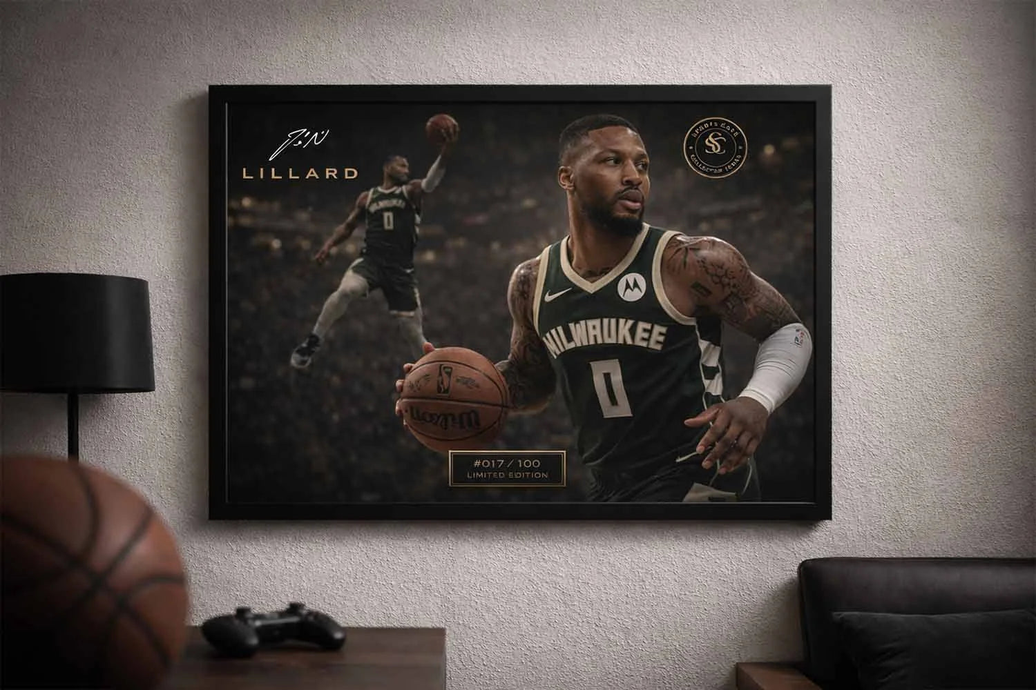 Damian Lillard framed wall art displayed in a modern man cave setting, styled with desk decor and warm ambient lighting.