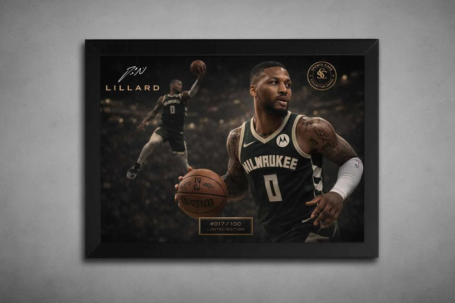 Black framed Damian Lillard Milwaukee Bucks wall art showing game action, cinematic lighting, and premium presentation for collectors.