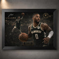 Black framed Damian Lillard Bucks NBA wall art showing game action artwork with dark arena tones and gold edition details.