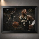 Black framed Damian Lillard Bucks NBA wall art showing game action artwork with dark arena tones and gold edition details.