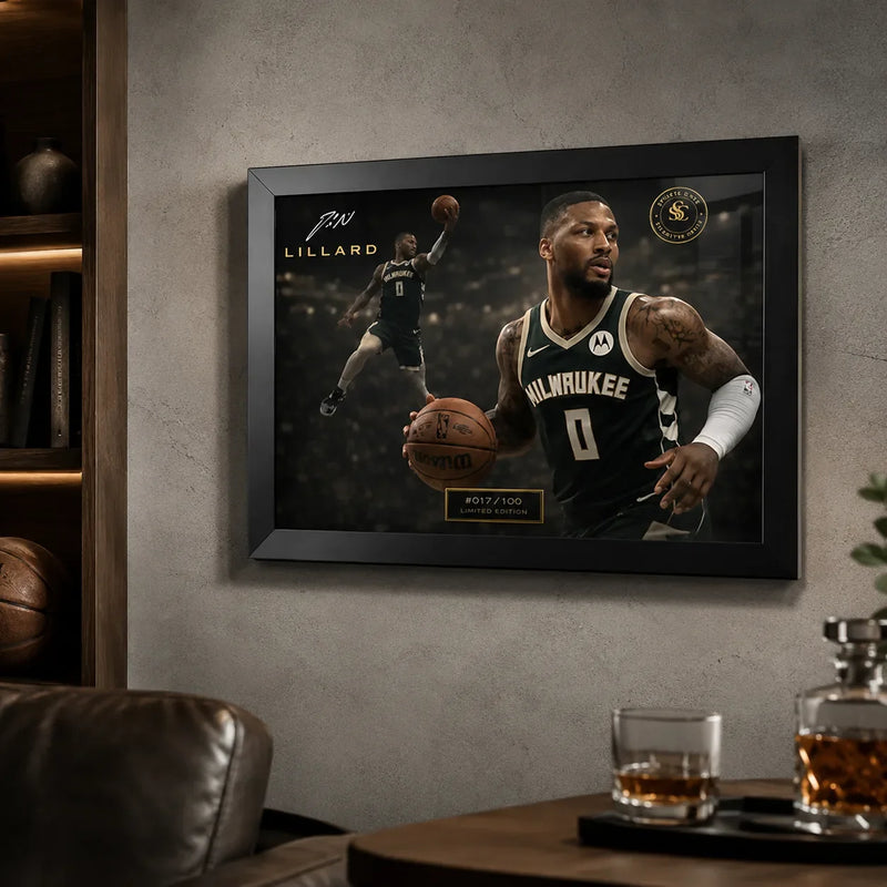 Damian Lillard Bucks framed wall art displayed in a dark sports lounge with shelves, leather chair, and warm ambient lighting.