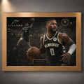 Oak framed Damian Lillard Bucks NBA wall art with warm wood finish, dark arena artwork, and gold collector details.