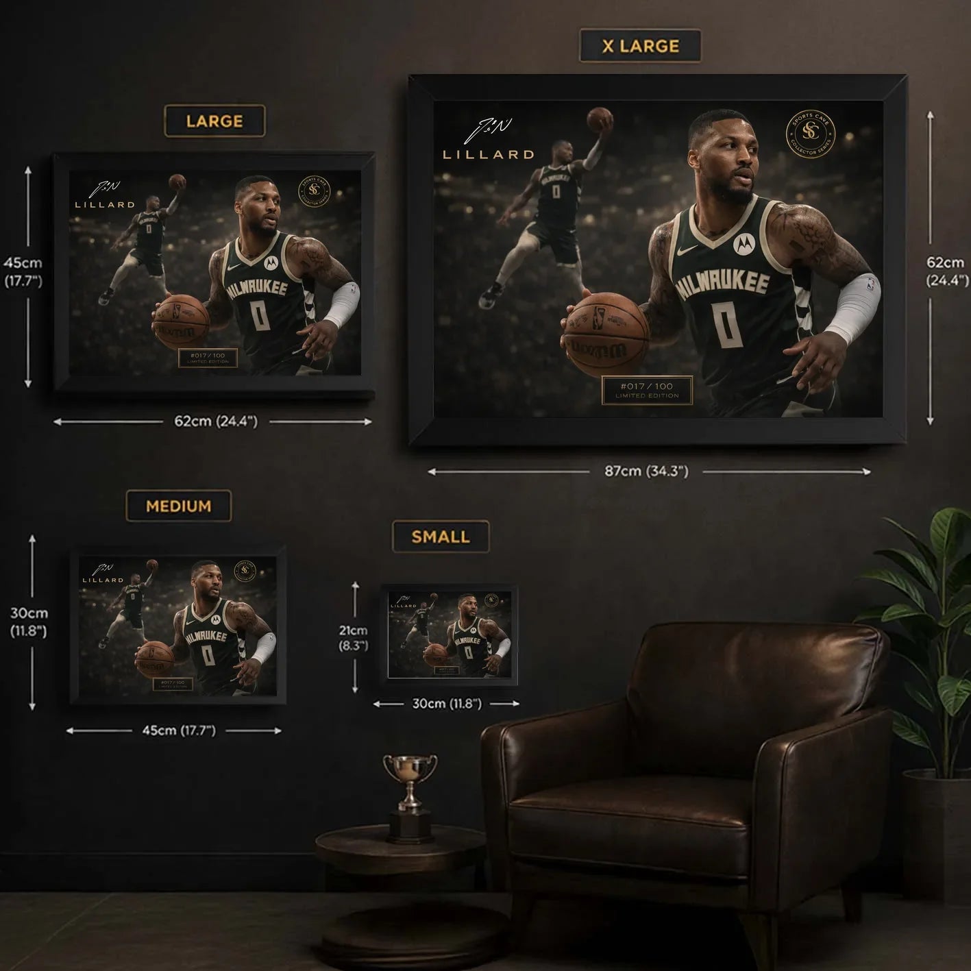 Damian Lillard Bucks wall art size chart showing framed print dimensions for each available size.
