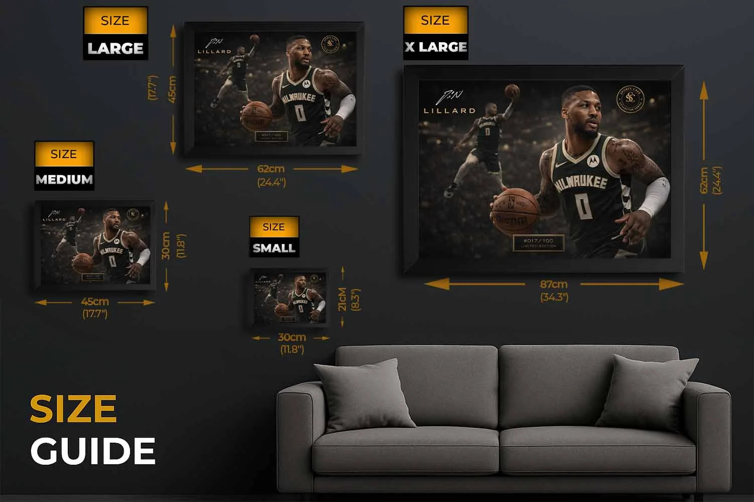 Damian Lillard NBA wall art size guide showing multiple frame dimensions for accurate scale and wall placement comparison.