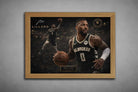 Oak framed Damian Lillard Milwaukee Bucks artwork with warm wood finish, balanced contrast, and refined NBA collector wall display.