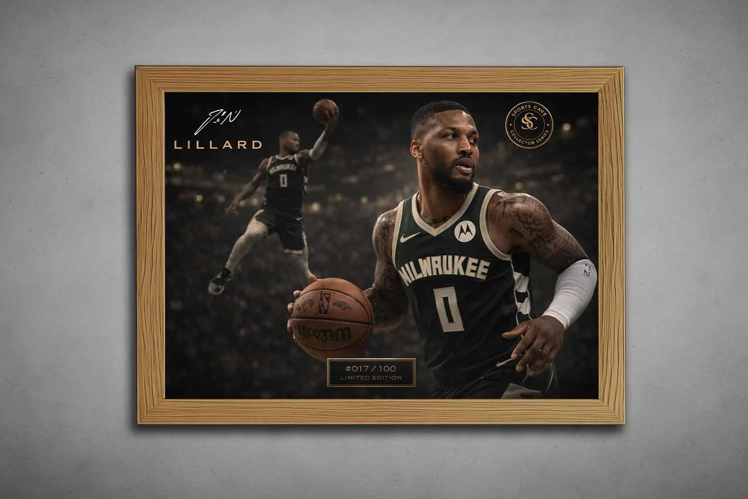 Oak framed Damian Lillard Milwaukee Bucks artwork with warm wood finish, balanced contrast, and refined NBA collector wall display.