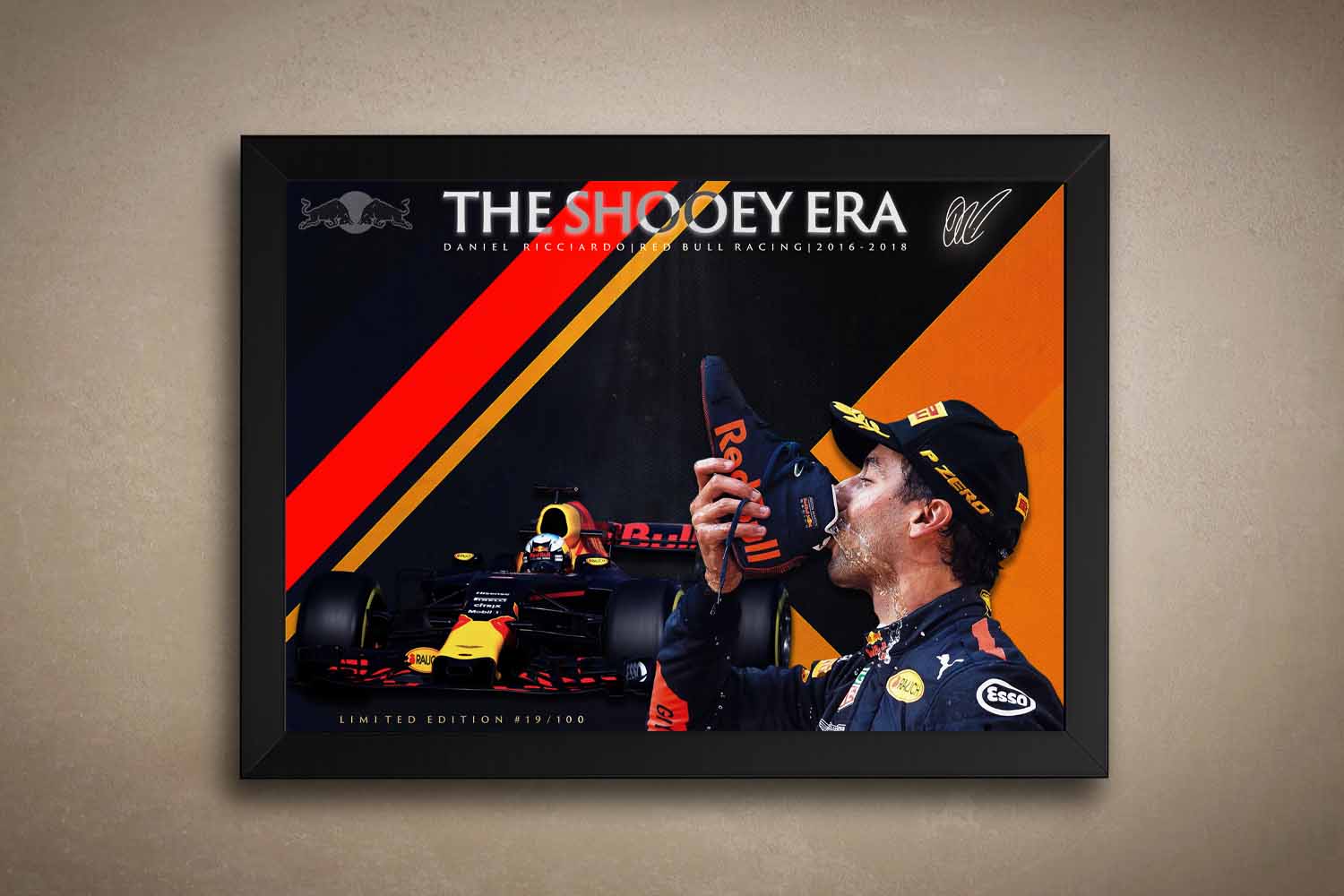 Framed sports art featuring Daniel Ricciardo's iconic shoey celebration with Red Bull Racing, a must-have limited edition sports print.