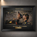 Black framed Daniel Ricciardo Shoey Era motorsport wall art celebrating the podium moment for Formula 1 fans.