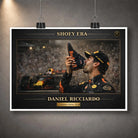 Unframed Daniel Ricciardo Shoey Era motorsport poster celebrating the podium shoey for Australian racing fans.