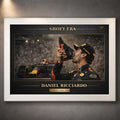 White framed Daniel Ricciardo Shoey Era motorsport wall art with dark gold collector styling for Formula 1 fans.