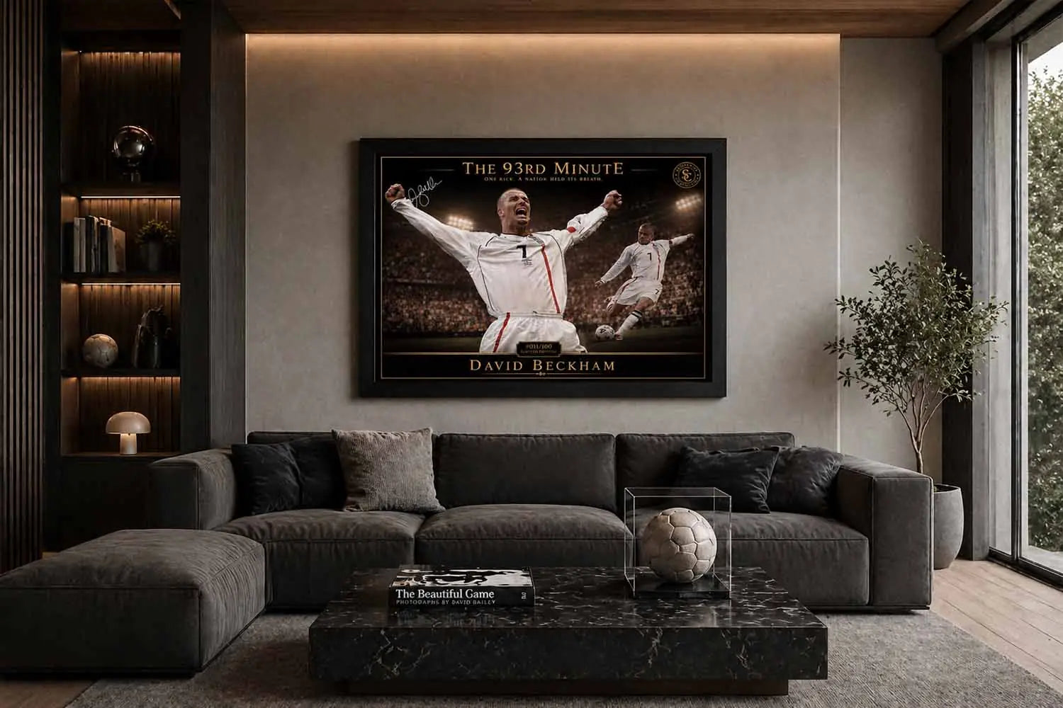 David Beckham framed artwork displayed in a modern man cave, premium man cave wall décor with dramatic stadium scene