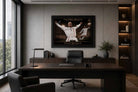 David Beckham soccer wall art in a luxury office setting, refined framed sports memorabilia with iconic celebration moment