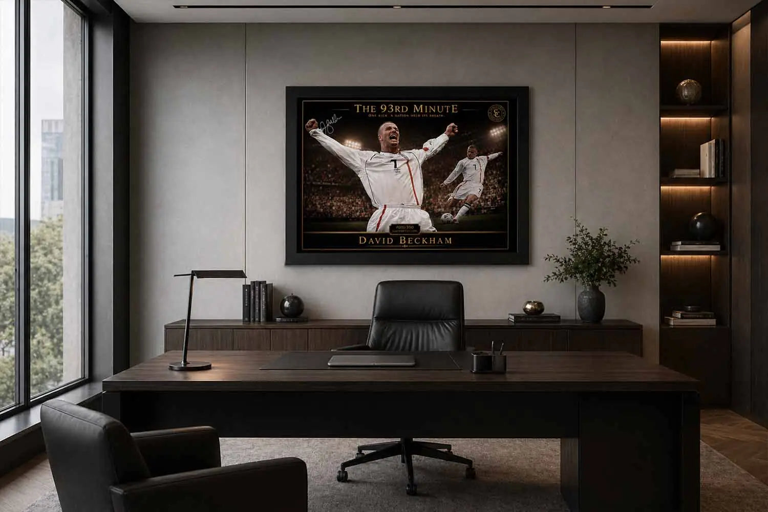 David Beckham soccer wall art in a luxury office setting, refined framed sports memorabilia with iconic celebration moment