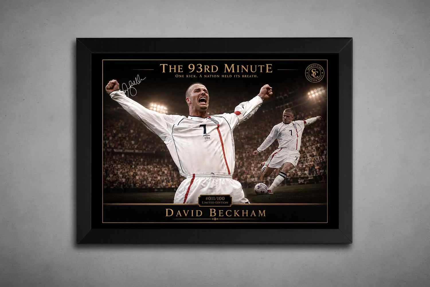 David Beckham “93rd Minute” framed sports art in black frame, capturing his iconic free kick celebration for England