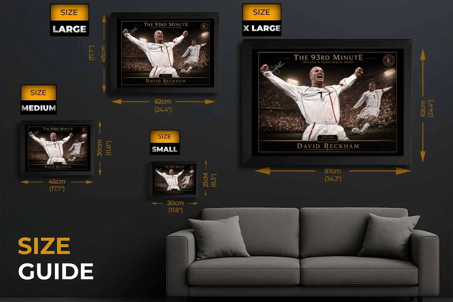 David Beckham size guide showing multiple frame options, helpful layout for choosing framed sports art dimensions