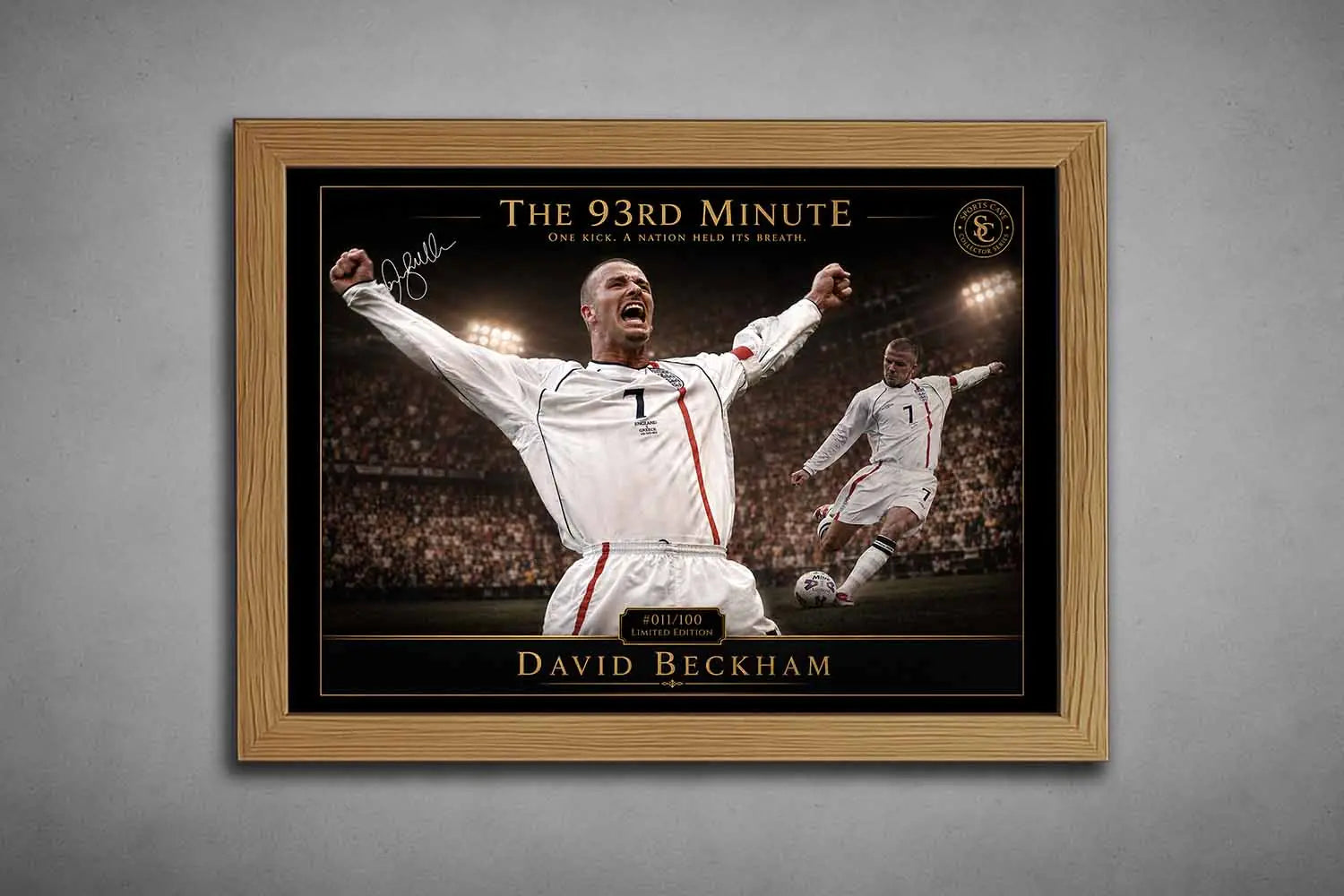 David Beckham soccer artwork in oak frame, premium sports collectibles piece highlighting his legendary 93rd minute goal